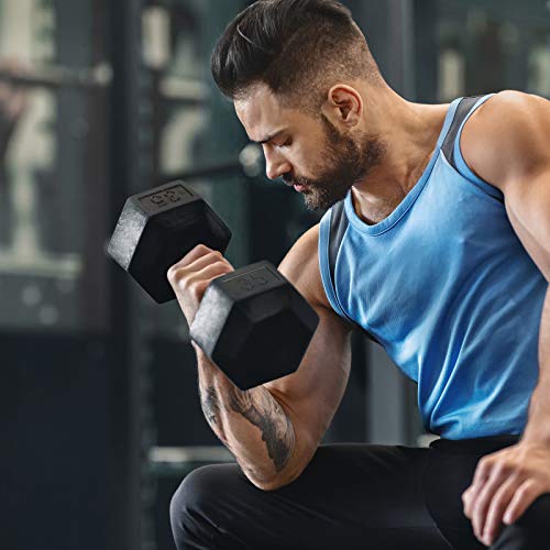 LIONSCOOL Odorless Rubber Encased Hex Dumbbells in Pairs or Single, Hand Dumbbell Weight with Metal Handle for Strength Training, Resistance Training, Build Muscle and Full Body Workout, 5-65lbs - style: 55LB SINGLE