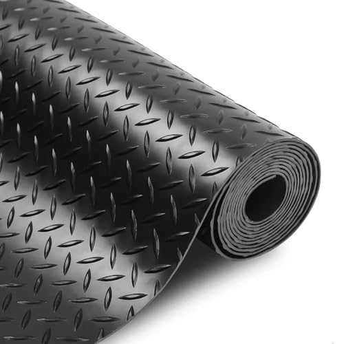 3mm Diamond-Plate Rubber Flooring Roll - Easy to Cut Waterproof Anti-Slip Mat, Heavy Duty Floor Protection for Garage, Gym, Stable, Basement, Kennel, 4' x 14' - size: 4 ft x 14 ft x 0.1 in