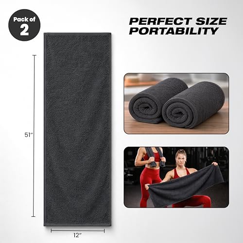 Sports Towel - Double Pack (2 Pieces), 12"x51", Dark Gray, 100% Cotton - Oeko-Tex Certified, Very Absorbent and Quick-Drying, for Fitness, Gym and Yoga - color: Dark Grey
