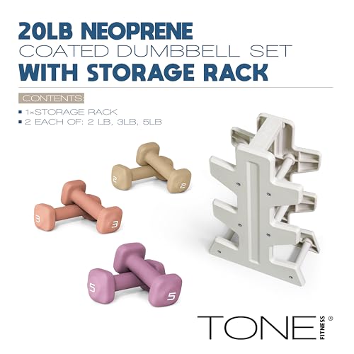 Tone Fitness Neoprene Dumbbell Set with Storage Rack – Non-Slip, Anti-Roll Hand Weights for Home Gym Workouts | 20 lb, 32 lb, 50 lb, 60 lb & 100 lb Options