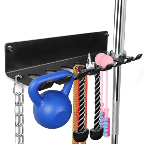 Gym Rack Organizer, Home Gym Accessories Hanger, Wall Mount Hooks for Olympic Barbells, Row Handles, Bats or Tools (E-Book Instruction Included) - color: Black