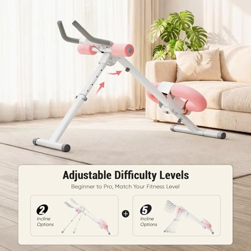 DUMOS Ab Workout Equipment for Home Gym, Exercise Machine Abs Trainer, Full Body Fitness System Adjustable for Abdominal Stomach Training, LCD Display, Knee Protection - color: White&Pink