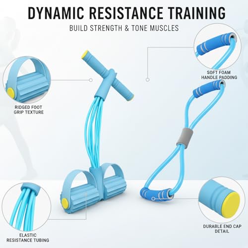 Pedal Resistance Band with Handle, Blue 8 Tube Multifunction Fitness Bands for Full Body Workout, Abdominal, Leg, Arm, Back Slimming Training