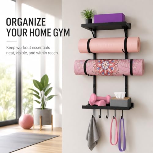 Yoga Mat Holder Wall Mount, Yoga Mats Rack with Double Floating Shelves, Yoga Accessory Storage Rack with 5 Hooks for Resistance Bands and Workout Equipment for Home Gym Storage, Black