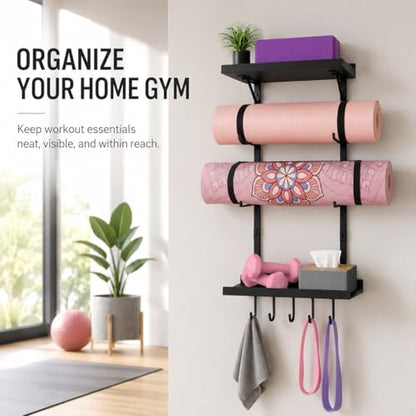 Yoga Mat Holder Wall Mount, Yoga Mats Rack with Double Floating Shelves, Yoga Accessory Storage Rack with 5 Hooks for Resistance Bands and Workout Equipment for Home Gym Storage, Black