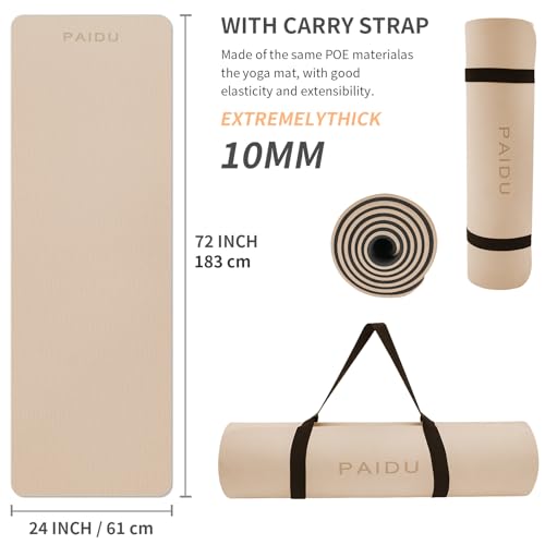 PAIDU Yoga Mat Non Slip Anti-tear,extra thick-2/5 inch（10MM）High Resiliency Professional POE Yoga Mats for Women Men Kids,72"x24"inch,Workout, Yoga, Pilates and Floor Exercise, with Carrier Strap