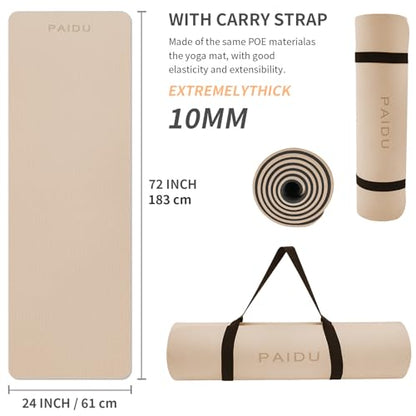 PAIDU Yoga Mat Non Slip Anti-tear,extra thick-2/5 inch（10MM）High Resiliency Professional POE Yoga Mats for Women Men Kids,72"x24"inch,Workout, Yoga, Pilates and Floor Exercise, with Carrier Strap - color: Beige+Black.