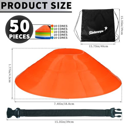 Pro Disc Cones (Set of 50) | Drawstring Bag & Strap, for Soccer, Basketball, Football, Agility & Sports Drills Training