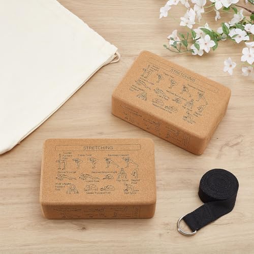 INFUNLY 2 Pack Cork Yoga Blocks Yoga Poses Teaching Cork Block 8.9x5.9x2.95 Inch Set with 8 Ft Strap and Canvas Bag Non Slip Fitness Blocks for Pilates General Fitness Stretching