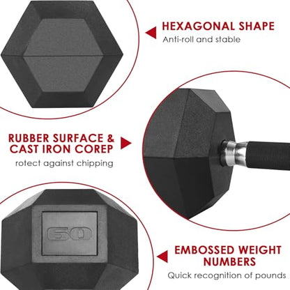 LIFERUN Rubber Grip Dumbbells Rubber Coated Cast Iron, with Anti-Slip Hex Black Dumbbell, Free Weights Dumbbell Set, 60lb/ 65lb/ 70lb/ 75lb dumbbells set of 2 - style: 60lb