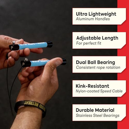 Elite Jumps Surge Professional Speed Rope for Double Unders - Patented Dual Bearing Ultra Light-Weight Handle for Premium Spin Control and Kink-Resistant Cable for fast Speed Jump Rope - color: Powder Blue