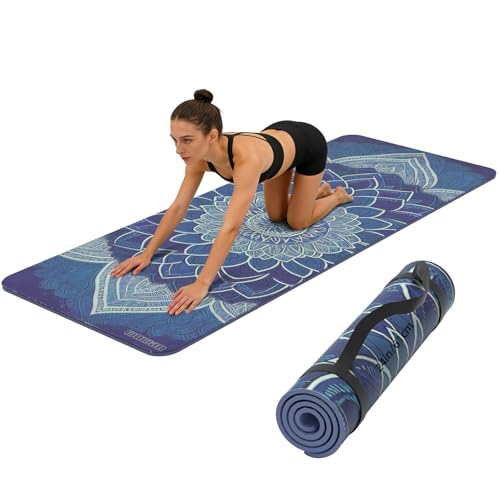 Printed Yoga Mat 72" x 24" Thick 6mm Non-Slip Fitness Exercise Exercise Mat with Strap for Women Men Yoga Pilates Workout Gym Floor Workout (Blue Lotus Flower) - color: Blue lotus