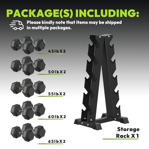 HANDBODE Hex Dumbbell Sets with Rack, 100-165 lb Rubber Encased Dumbbells for Strength Training, Exercise & Fitness, Home Gym Weight Set with Rack - style: 550 lb (45, 50, 55, 60, 65 lb) X 2 & Rack