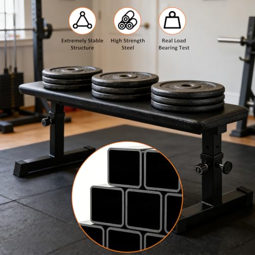 RAKON Height Adjustable Utility Flat Weight Bench 300 lbs Capacity for Strength Training and Ab Exercises, Black