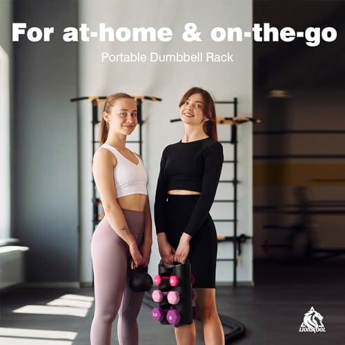 LIONSCOOL Set of 2 Neoprene Coated Dumbbell Hand Weights, Anti-Slip and Anti-Roll Hex Dumbbells in Pair for Strength Training, Resistance Training - style: 12lb, set of 6 with stand (Rosy Vigor)