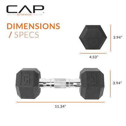 CAP Rubber Coated Dumbbell Weights, Free Weights for Home Gym Strength Training, Anti-Roll Hex Dumbbells with Black, Chrome & Comfort Grip Handles, Pairs & Sets - size: 15 lb - Pair, style: Chrome Handle