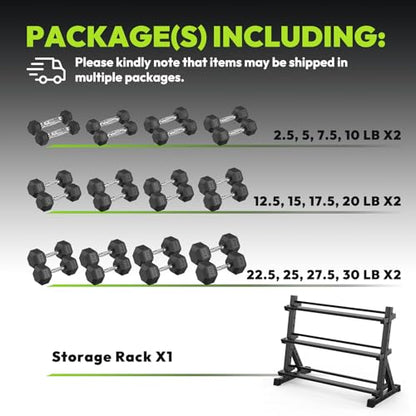 HANDBODE 3-Tier Dumbbell Rack Stand, 1000LB Capacity Storage Rack, Weight Rack for Dumbbells, Kettlebell, 390–700 lb Rubber Coated Fixed Weight Sets, Home Gym Strength Training Equipment - color: 390 lb Set (2.5-30 lb) *2 & Rack