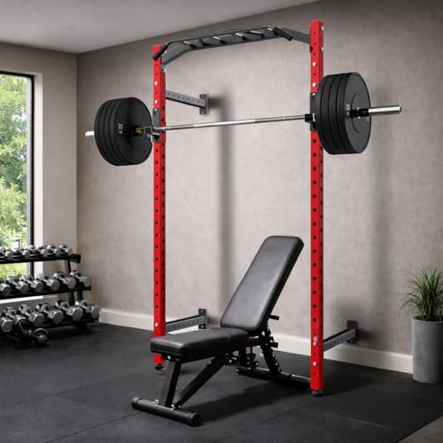 Wall Mounted Power Rack, Heavy Duty Power Rack for Home Gym, Multi-Grip Pull Up Bar with J-Hooks & Landmine Attachment, Space-Saving Wall-Mount Strength Rack for Garage Gym