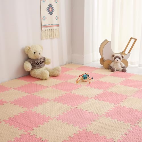 16 Tiles Foam Play Mat, Non-Toxic Square Foam Floor Tiles for Kids - color: Beige/Loli Pink, size: 16 Pcs/47.2*47.2