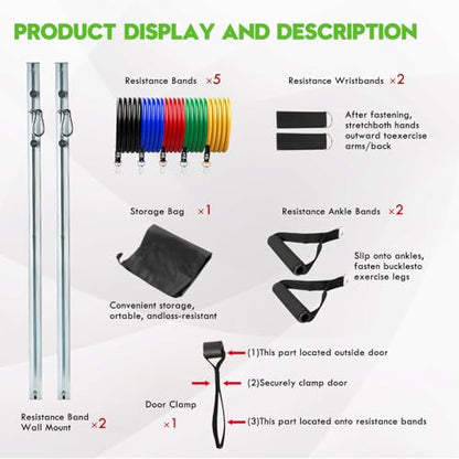 Aluminum Anchor Fitness System for Wall-Mounted - Adjustable with Five Resistance Bands, Resistance Bands Wall Mount for Strength Training, Workout Wall Anchor System