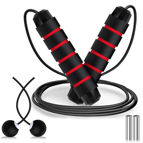 Weighted Cordless Jump Rope Ropeless Jump Rope 2 in 1 Adjustable Length Skipping with Ball and Soft Handles for Women Men Adult Fitness Workouts Exercise Training(Red) - color: Red