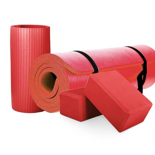 BalanceFrom 71x24 Inches Yoga Mat with Knee Pad and Optional Blocks – Extra 1-Inch Thick Non-Slip Foam with Anti-Tear Surface and Carrying Strap for Home, Studio, or Gym Workouts