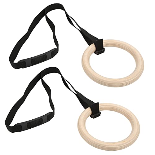 1 Pair Gymnastics Rings, 150KG / 330LB Load Pull Up Exercise Rings with Adjustable Buckle Straps Wood Home Workout Equipment for Men Women