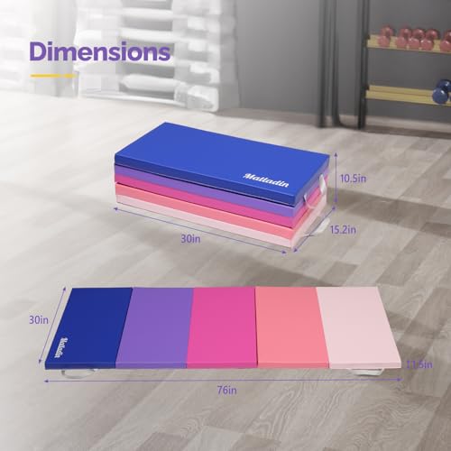 Matladin Folding Gymnastics Gym Exercise Aerobics Mat, 76"L x 30"W x 1.5"Th Folding Exercise Mat, Easy to Clean PU Leather Tumbling Mats for Stretching Yoga Cheerleading Martial Arts, Kid Play(Pink ,Blue）