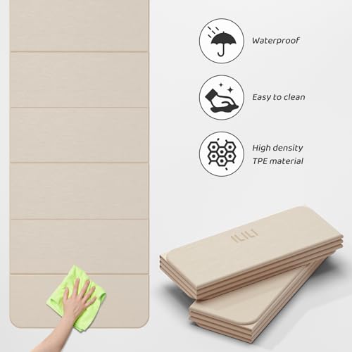 ILILI Foldable Yoga Mat 71 * 24 * 0.3'' - TPE Non-Slip Fitness Mat for Home，Waterproof & Lightweight (2lb) for Home Gym, Pilates & Stretching,Fitness Workouts - color: Beige
