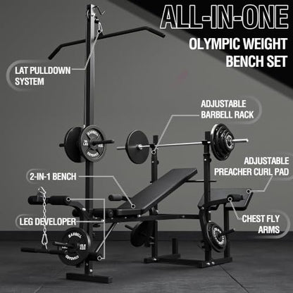 Mikolo 8 in 1 Olympic Weight Bench Set with Leg Extension and Leg Curl, Multi-Function Bench Press Set with Preacher Curl Pad and Chest Fly, Full-Body Strength Training Equipment - color: Black