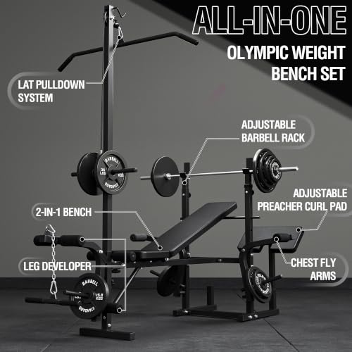Mikolo 8 in 1 Olympic Weight Bench Set with Leg Extension and Leg Curl, Multi-Function Bench Press Set with Preacher Curl Pad and Chest Fly, Full-Body Strength Training Equipment - color: Black