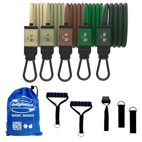 Bodylastics Patented Basic Series Resistance Band Set - Resistance Bands with Snap Reduction Tech, 2 Handles, 2 Ankle Straps, 1 Door Anchor & 1 Carry Bag - color: BASIC 3-190LBS Set Green