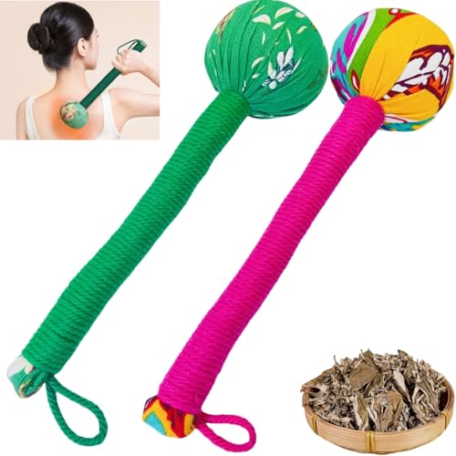 2PCS Long Size Lymphatic Drainage Herbal Massage Hammer,Manual Massage Hammer for Body, Back Massage Hammer Taichi,Wormwood Massage Hammer Sticks Muscle Relaxation 2PCS (Red/Green) - color: Green+red