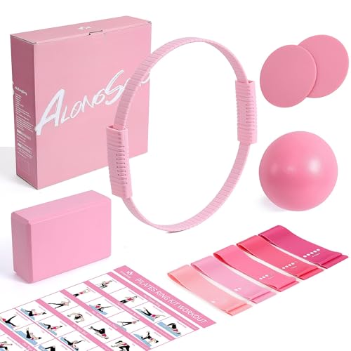 Pilates Kit for Women, 13.7in Silicone Pilates Ring with 5 Resistance Bands, 1 Pilates Ball, 1 Pilates Block, 2 Core Sliders, Video Guide for Full Body Home Workouts