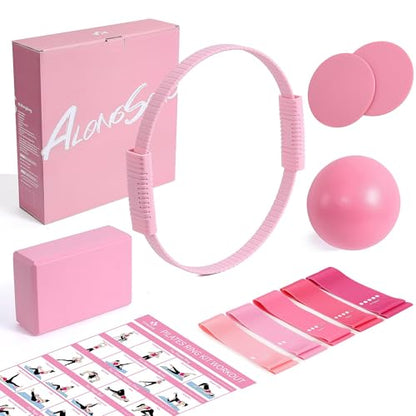 Pilates Kit for Women, 13.7in Silicone Pilates Ring with 5 Resistance Bands, 1 Pilates Ball, 1 Pilates Block, 2 Core Sliders, Video Guide for Full Body Home Workouts