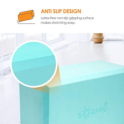 Sol Living Yoga Blocks 2 Pack High Density EVA Foam Yoga Cushion Stretching Pilates Meditation Exercise Equipment Support Deepen Poses Odor Free Non Slip Yoga Accessories - 4" x 6" x 9"- Turquoise - color: Turquoise