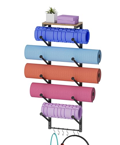 5 Tiers Yoga Mat Holder Rack Wall Mount with 6 Hooks for Hanging Accessory Yoga Strap Foam Rollers Resistance Bands, Yoga Mats Organizer with Floating Shelf for Home Gym Storage Fitness