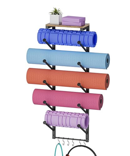 5 Tiers Yoga Mat Holder Rack Wall Mount with 6 Hooks for Hanging Accessory Yoga Strap Foam Rollers Resistance Bands, Yoga Mats Organizer with Floating Shelf for Home Gym Storage Fitness