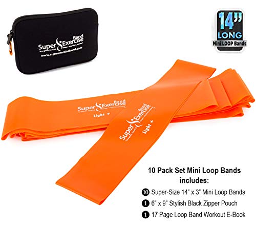 USA 14" x 3" Extra Long Latex Free Mini Loop Bands in 3, 5, 10 Pack Sets. 10 Strengths for Resistance Training, Stretching, Yoga, Toning. Plus an Exclusive iPhone App and E-Book. - color: i. Orange LIGHT+ Loop Band 10 Pack
