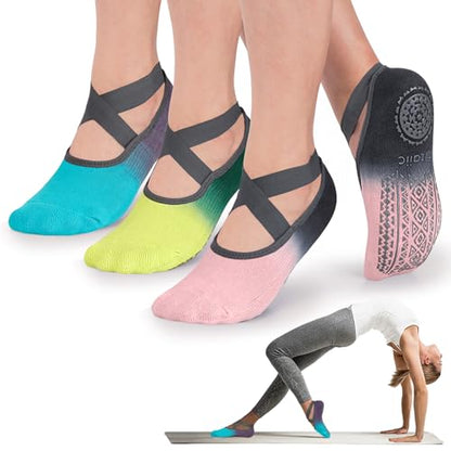 Ozaiic Pilates Socks for Women Non Slip Grip Yoga Barefoot Indoor Workout - color: 3 Pairs- Pink/Yellow/Blue
