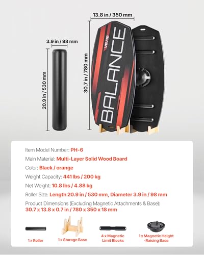 VEVOR Balance Board, 3-Level Height Adjustable Wobble Board Trainer for Adults, Premium Wooden Balance Training Equipment, with Roller, Magnetic Stoppers, Storage Rack, for Core Workouts, Surf Trainer