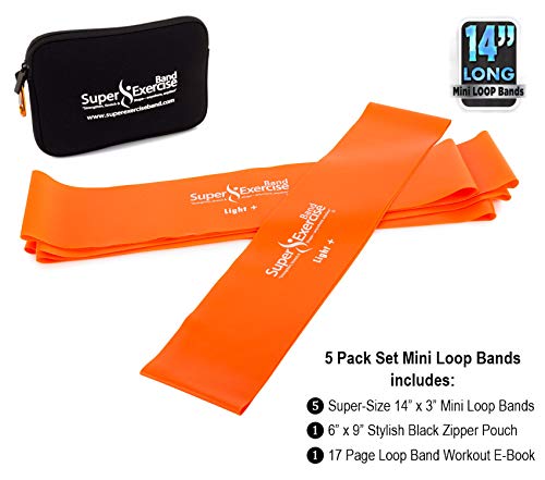 USA 14" x 3" Extra Long Latex Free Mini Loop Bands in 3, 5, 10 Pack Sets. 10 Strengths for Resistance Training, Stretching, Yoga, Toning. Plus an Exclusive iPhone App and E-Book. - color: j. Orange LIGHT+ Loop Band 5 Pack