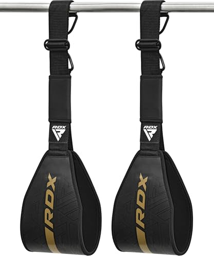 RDX AB Straps for Pull Up Bar Hanging (Pair), Maya Hide Leather, Abdominal Muscle Building Padded Arm Support Slings with D-Ring Strap, Leg Raise Exercise Fitness Workout Strength Training, Men Women - color: Black Golden