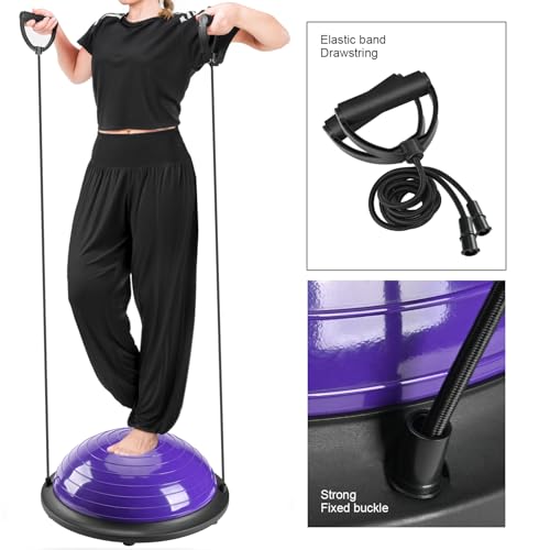 Half Balance Ball Trainer, Half Yoga Exercise Ball with Resistance Bands and Foot Pump, Balance Trainer for Stability Training, Strength Exercise Fitness, Home Gym Workout Equipment - color: Purple