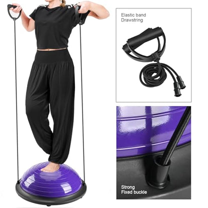 Half Balance Ball Trainer, Half Yoga Exercise Ball with Resistance Bands and Foot Pump, Balance Trainer for Stability Training, Strength Exercise Fitness, Home Gym Workout Equipment - color: Purple