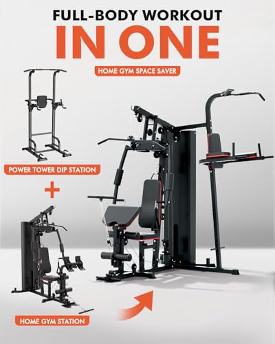 Mikolo Home Gym, Workout Station with 150LBS Weight Stack, Multifunctional Home Gym Equipment, Exercise Equipment for Full Body Strength Training - style: HGS with power tower
