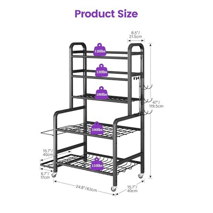 Homeiju Dumbbell Rack, Weight Rack for Home Gym, Yoga Mat Storage Holder with Lockable Wheels, Dumbbell Stand with Hooks, All in One Work out Equipment Storage for Yoga Mat Dumbbell and Balls
