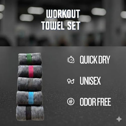 Gym Towel Pack (5) - Microfiber Workout Towels, Quick Dry, Odor Resistant, Lightweight & Compact for Gym, Yoga, Running.