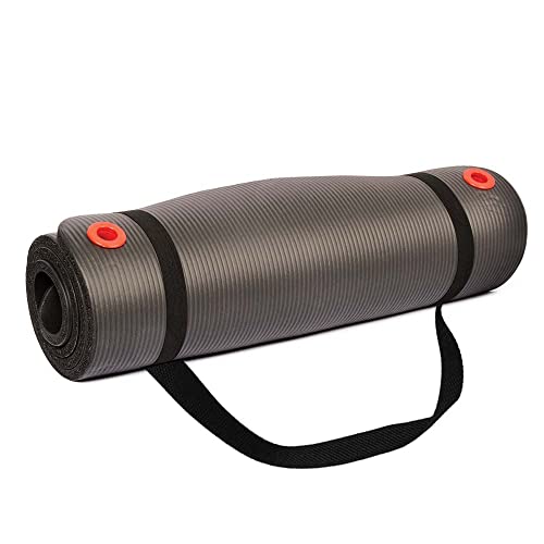 Body Sport 1/2 Inch Non-Slip Exercise Mat with Carry Strap for Men & Women - Thick Foam Surface for Yoga, Pilates, Fitness, and Aerobics - Home & Gym Workouts - color: Black, size: 56-Inch