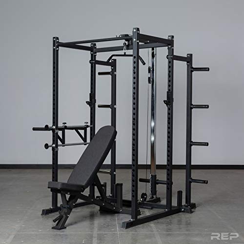 REP Fitness PR-1100 Power Rack Home Gym System, Compact Squat Cage with Multi-Grip Pull Up Bar, Adjustable, + AB-3100 Incline Bench + LAT/Row Attachment + Dip Attachment + Weight Storage